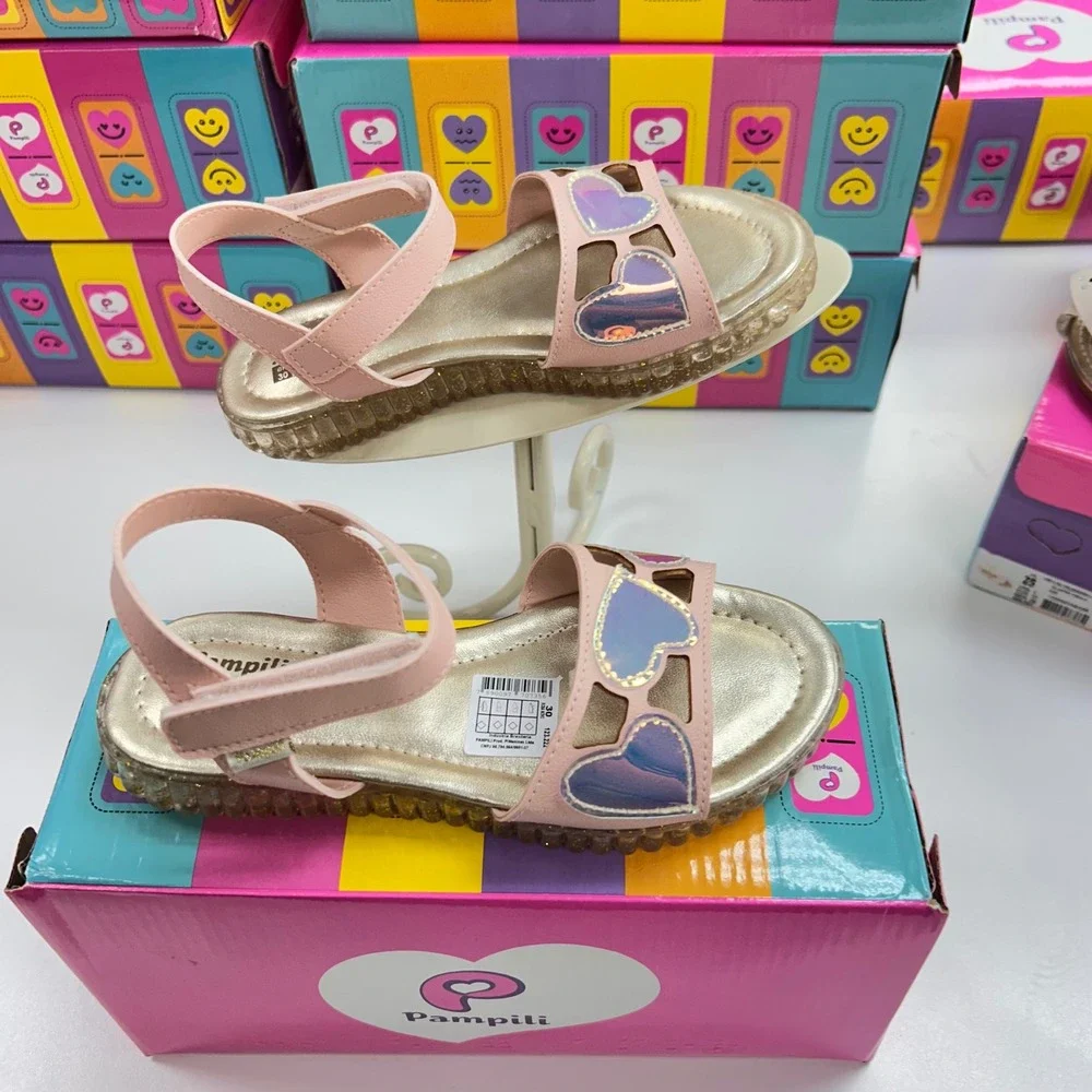 Pampili FeetCare Pink Iridescent Heart Sandals Glitter Sole Kids Size 13 US